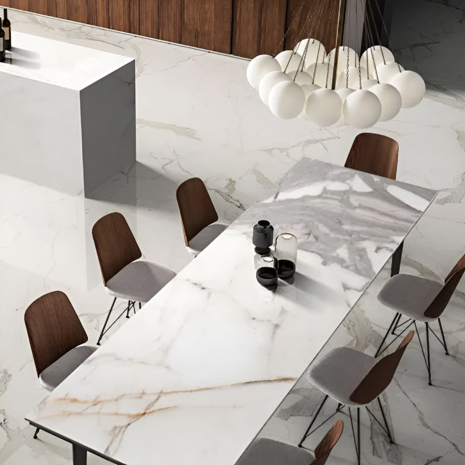 "Timeless Calacatta Borghini Color Body Kitchen Countertop / Tabletop with elegant marble-like veining, smooth and durable surface, perfect for modern kitchens and stylish dining spaces."

