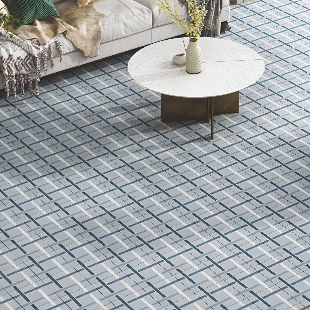 Tirreni Cyan Moroccan Vitrified Tile 8x8 Inch with Moroccan, Printed, and Rangoli design patterns in cyan shade, matt finish, suitable for floor and wall applications, showcasing intricate and elegant surface texture.