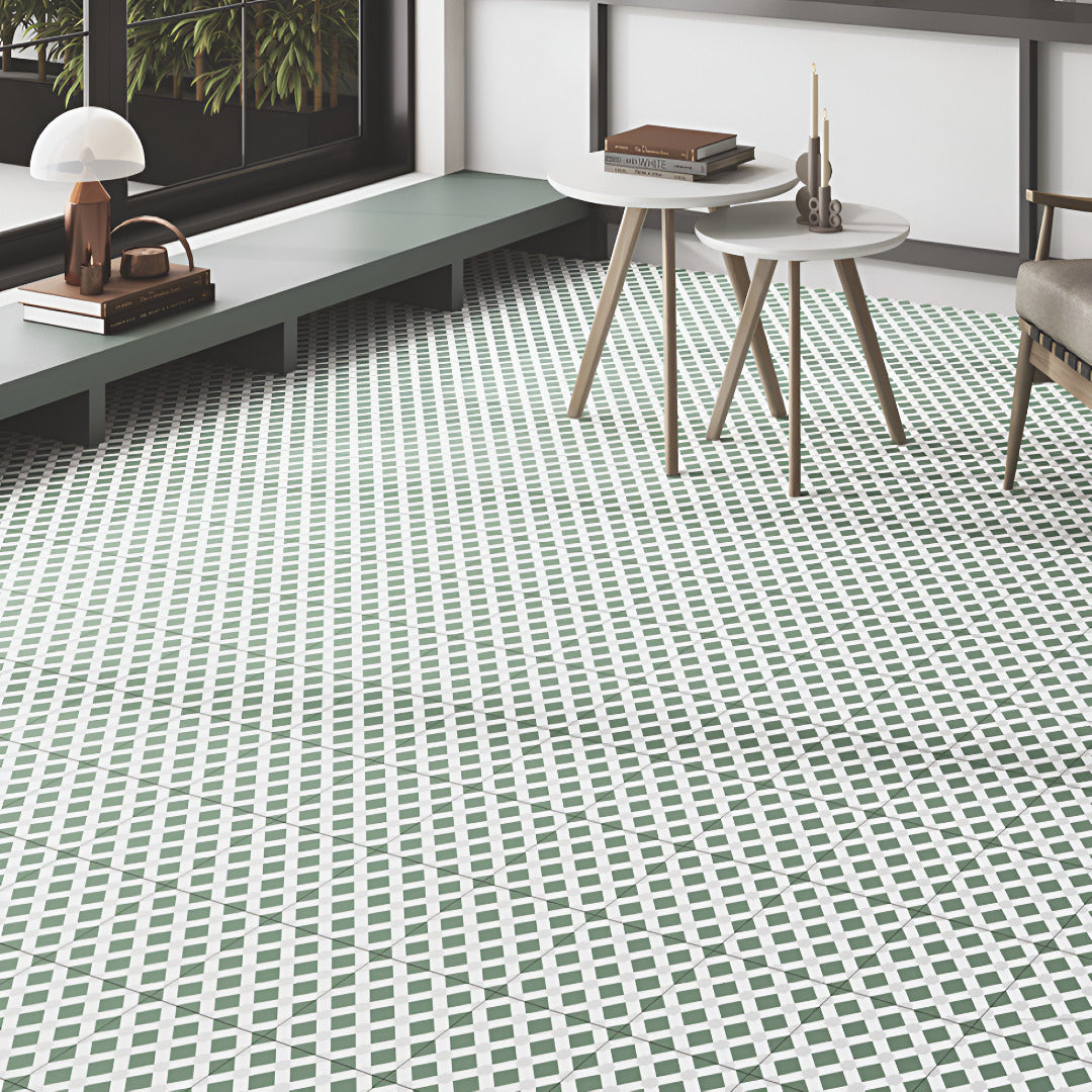 Toscana Green Moroccan Vitrified Tile 8x8 Inch with matt finish, featuring elegant printed Rangoli designs in green, suitable for both wall and floor applications, offering durability and aesthetic appeal for modern and traditional interiors.