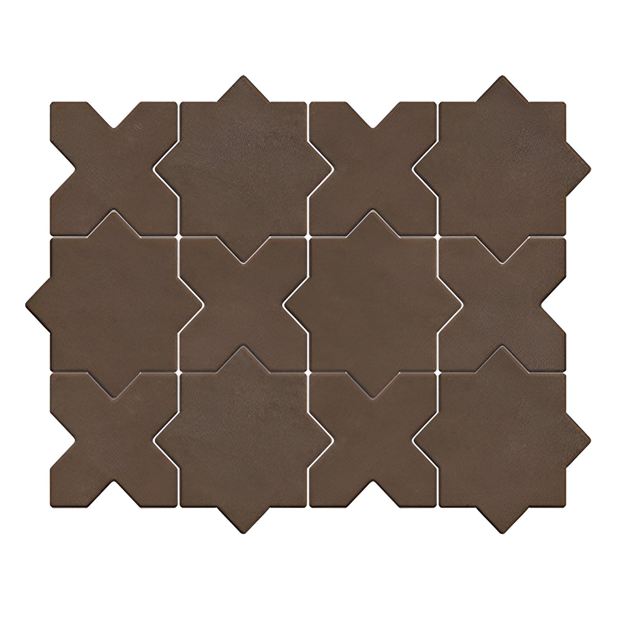 Trefoil Chocolate Star-Cross vitrified tile in 6×6 inch size featuring a detailed star-cross geometric pattern with a smooth matt finish, rich chocolate brown color, suitable for modern floor and wall applications in residential and commercial interiors.