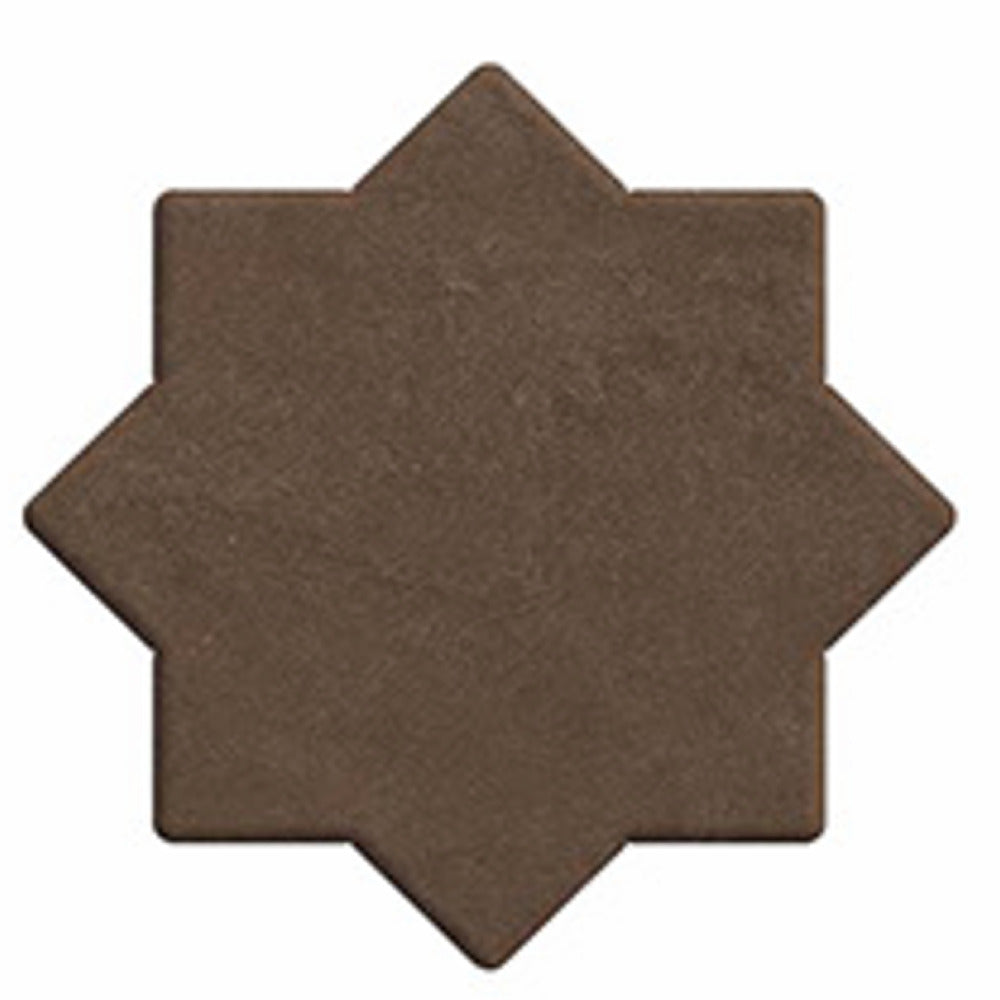 Trefoil Chocolate Star-Cross vitrified tile in 6×6 inch size featuring a detailed star-cross geometric pattern with a smooth matt finish, rich chocolate brown color, suitable for modern floor and wall applications in residential and commercial interiors.