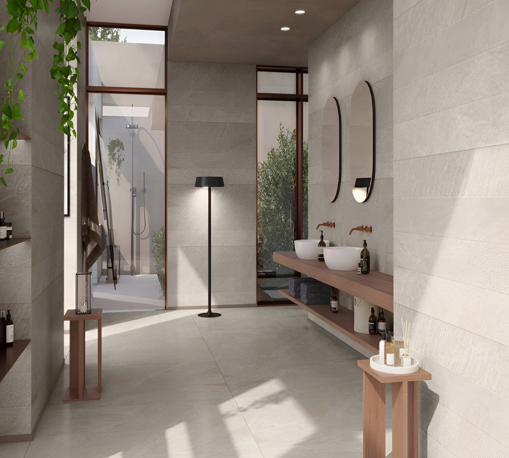 Tribeca Acero Vitrified Tile 24x48 Inch installed on a modern interior floor and wall, showcasing a rustic textured surface with a matt finish, arranged in a large-format layout that creates a seamless and spacious visual effect suitable for contemporary residential and commercial environments.