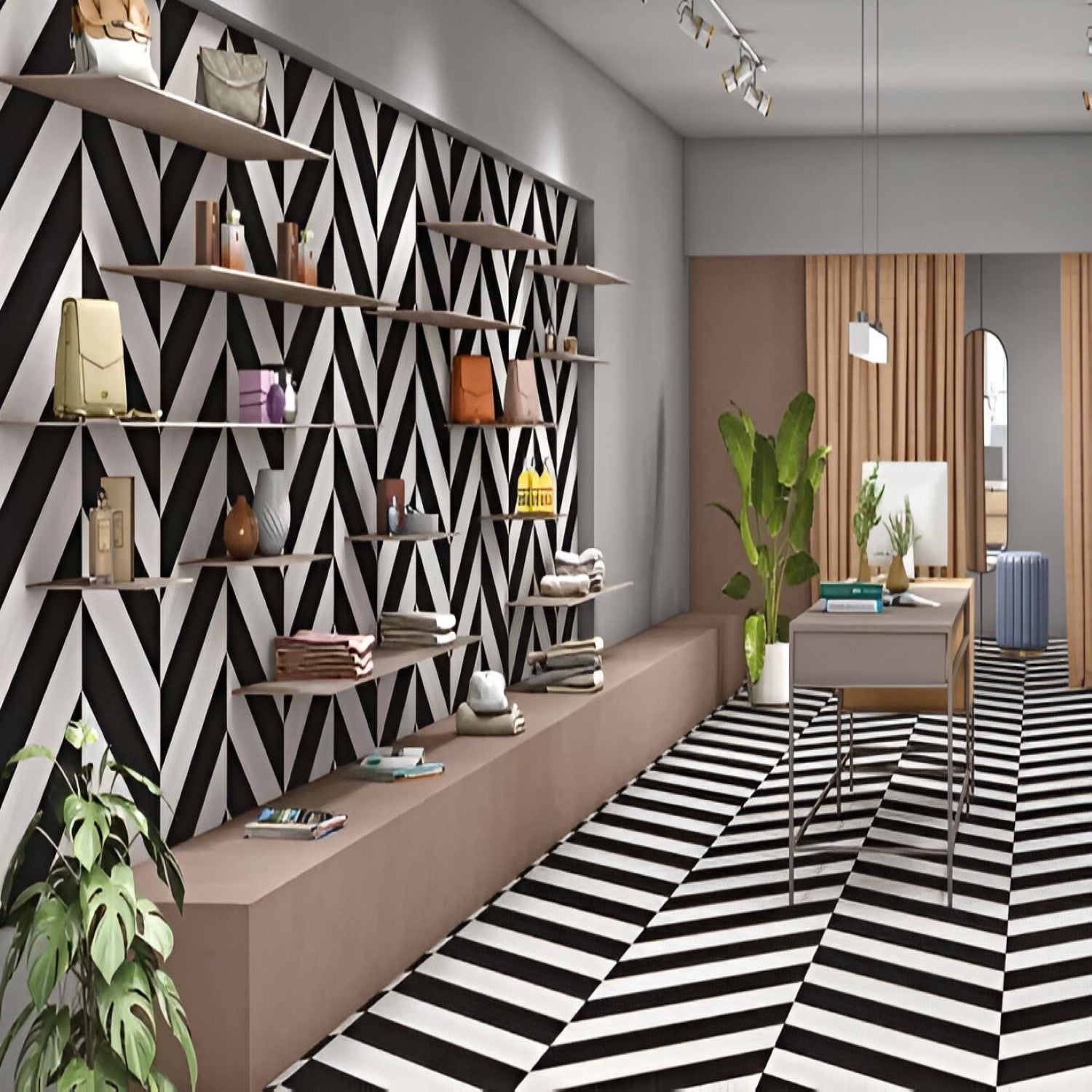 Tropaz Nevada & Jet Black Chevron Wooden Tile 6x36 Inch, featuring a striking combination of light Nevada and deep black wood tones arranged in a chevron pattern, ideal for modern and durable flooring or wall applications.
