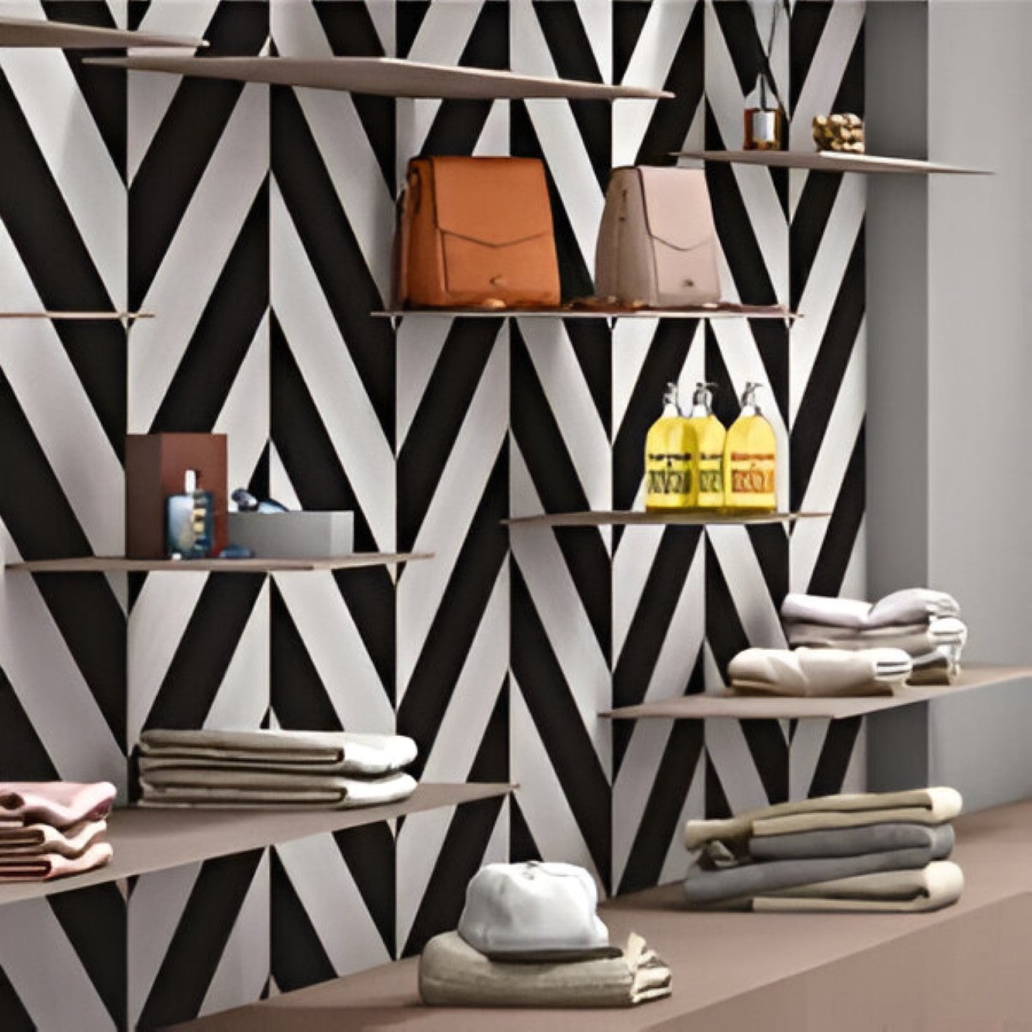 Tropaz Nevada & Jet Black Chevron Wooden Tile 6x36 Inch, featuring a striking combination of light Nevada and deep black wood tones arranged in a chevron pattern, ideal for modern and durable flooring or wall applications.
