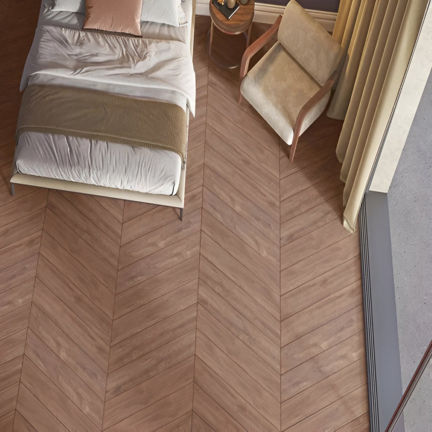 Tropaz Pewter Chevron Wooden Tile 6x36 Inch, featuring soft pewter-toned wood arranged in a chevron pattern, perfect for contemporary and durable flooring or wall applications.
