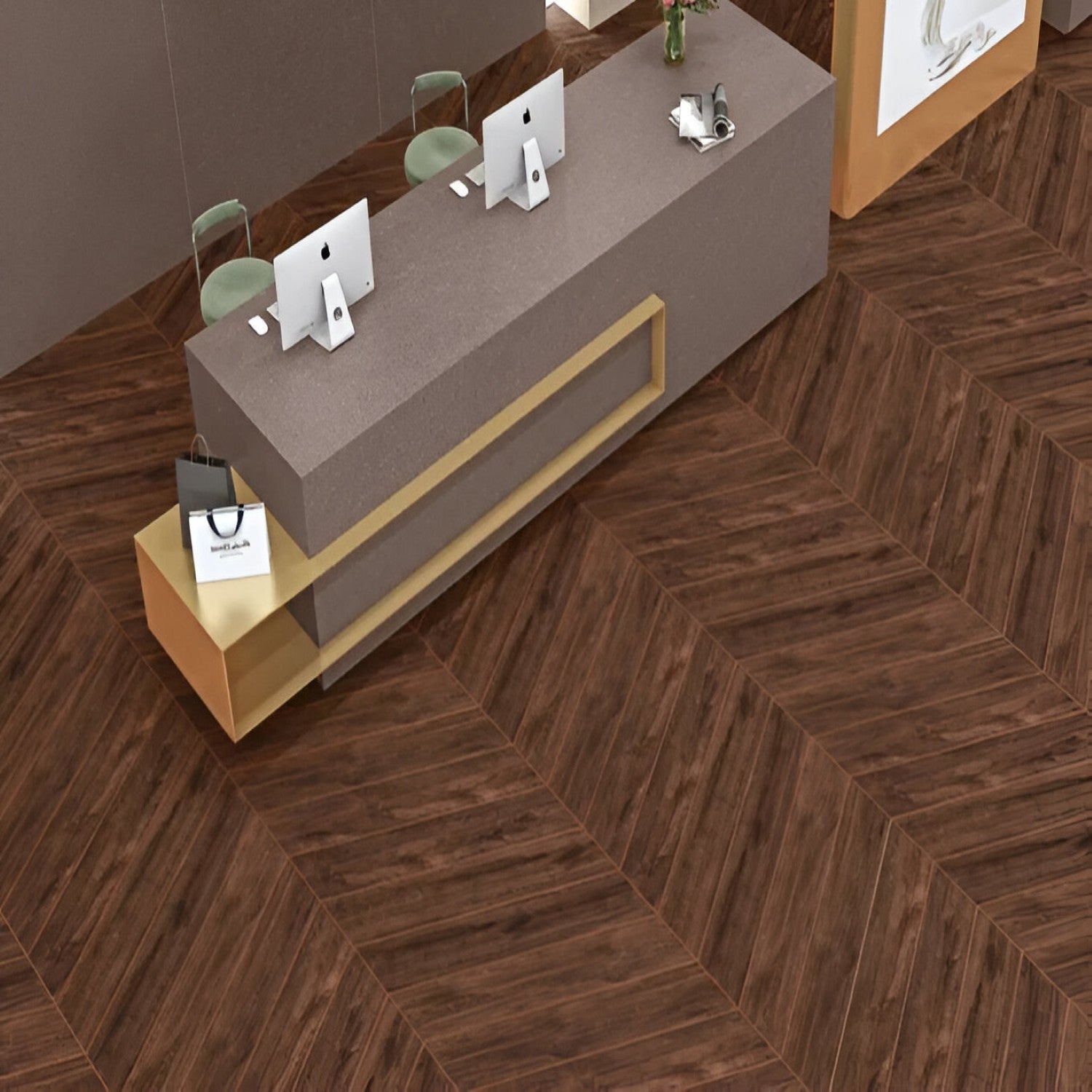 Tropaz Prune Chevron Wooden Tile 6x36 Inch, featuring rich prune-toned wood arranged in a chevron pattern, ideal for elegant and durable flooring or wall applications.
