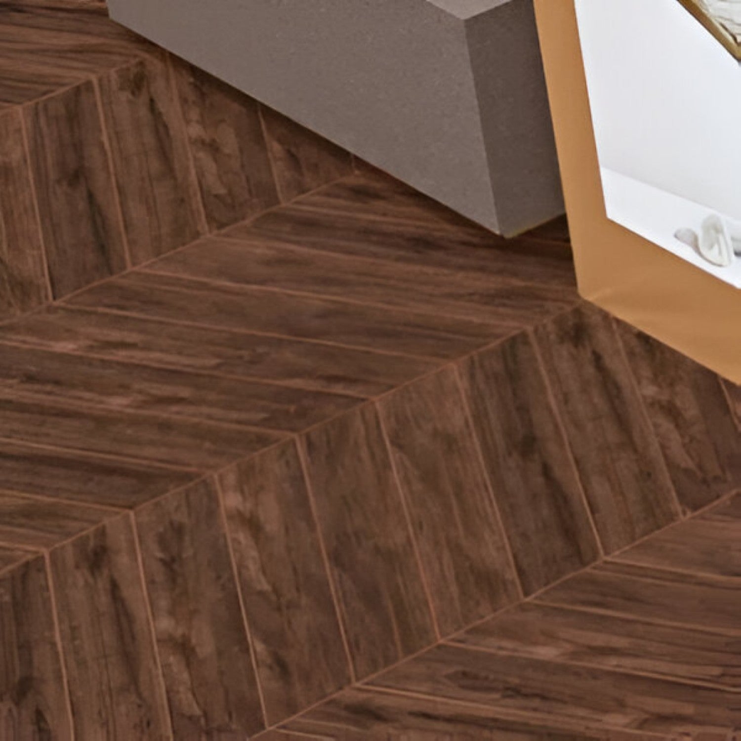 Tropaz Prune Chevron Wooden Tile 6x36 Inch, featuring rich prune-toned wood arranged in a chevron pattern, ideal for elegant and durable flooring or wall applications.
