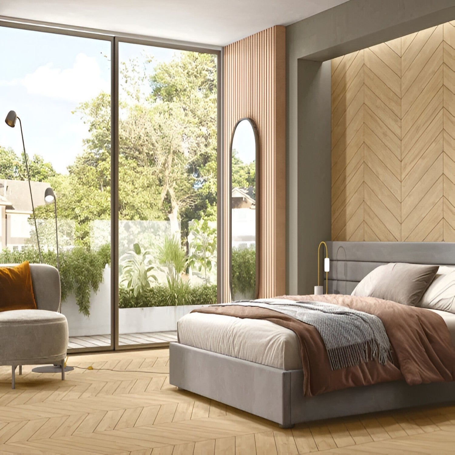 Tropaz Springcreek Chevron Wooden Tile 6x36 Inch, featuring natural wood tones with a hint of warmth arranged in a chevron pattern, perfect for stylish and durable flooring or wall applications.
