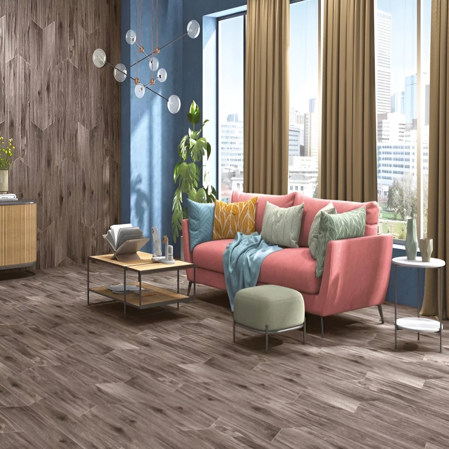Twilight Chevron Wooden Tile 6x36 Inch, featuring deep, muted wood tones arranged in a chevron pattern, ideal for modern and durable flooring or wall applications.
