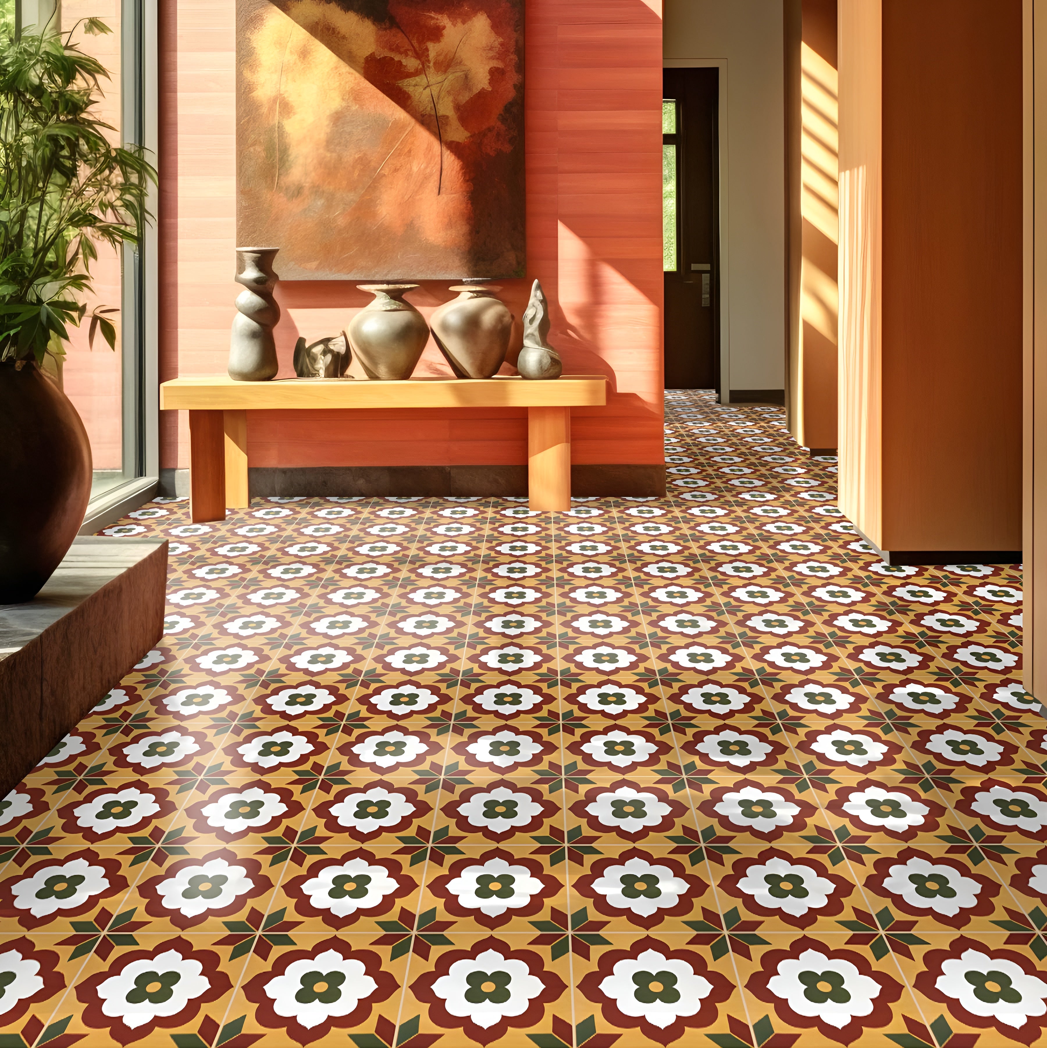 Unity Flora Ceramic Athangudi Tile 12 Inch x 12 Inch featuring an elegant yellow and red Moroccan-inspired Athangudi printed pattern with traditional Rangoli motifs in a matt finish. This premium ceramic tile is designed for both wall and floor applications, making it ideal for bathrooms, kitchens, balconies, bedrooms, living rooms, feature walls, accent spaces, and heritage-inspired interiors