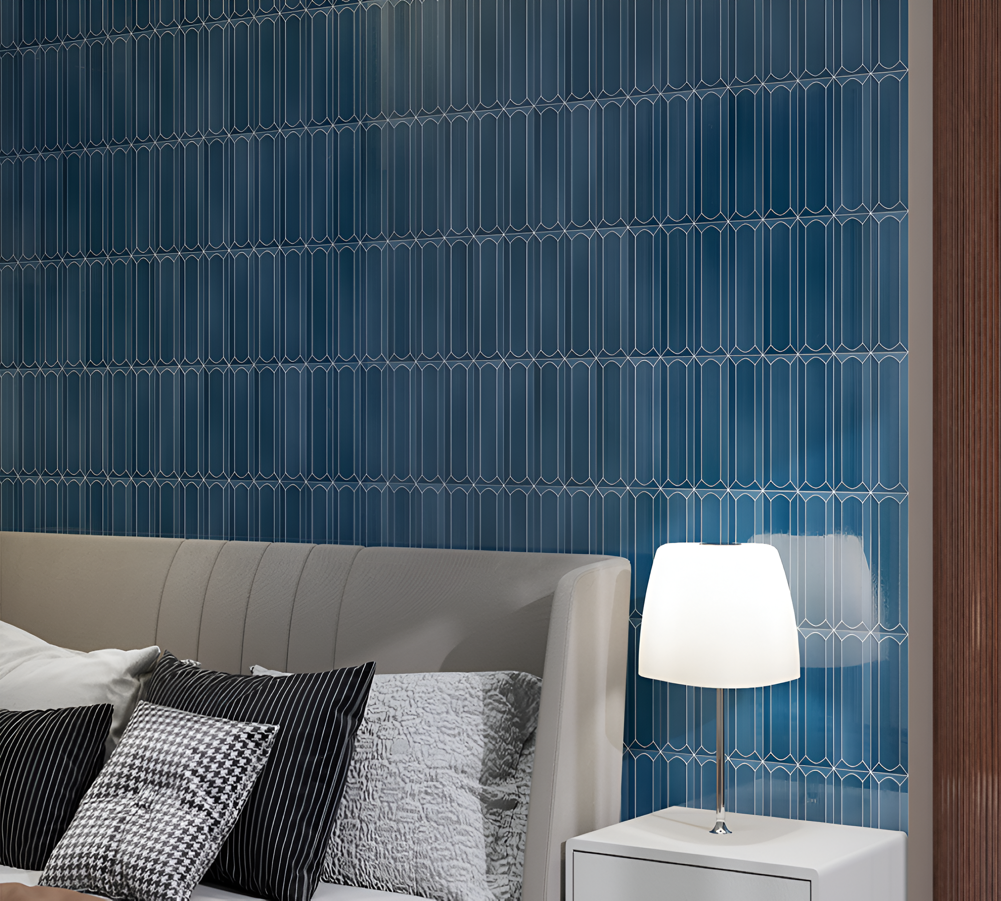 VM-23 Ceramic Tile in 12x12 inch size featuring a blue glossy finish with fluted subway design, reflecting light elegantly. Ideal for kitchen backsplashes, bathroom walls, and accent interiors with a modern yet timeless aesthetic