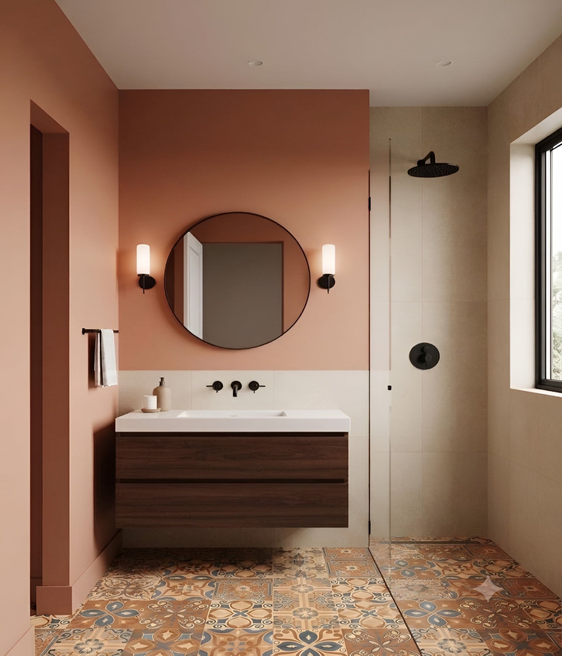 Velvete Brown Decor Moroccan Tile 16×16 Inch (B) featuring a matt finish vitrified surface with an intricate Moroccan-inspired printed Rangoli pattern, installed as elegant bathroom floor tiles showcasing detailed geometric motifs, decorative craftsmanship, durable construction, seamless floor layout, low-maintenance finish, and premium interior flooring suitable for modern and traditional residential bathroom spaces.