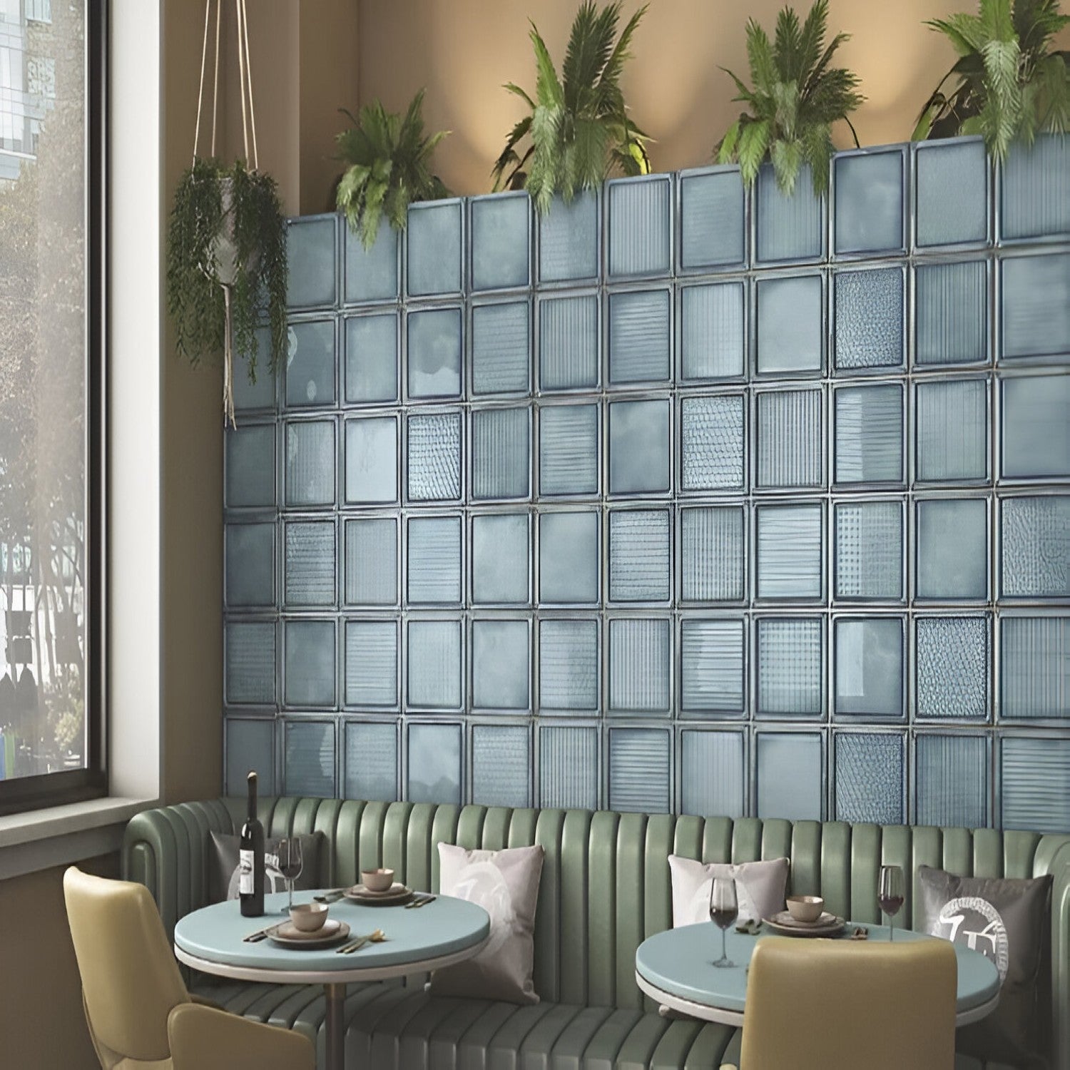 Verglas Aqua Ceramic Tile 8x8 inch with subtle blue-toned frame design, smooth matte finish, and decorative pattern, perfect for stylish backsplashes, accent walls, or detailed flooring applications
