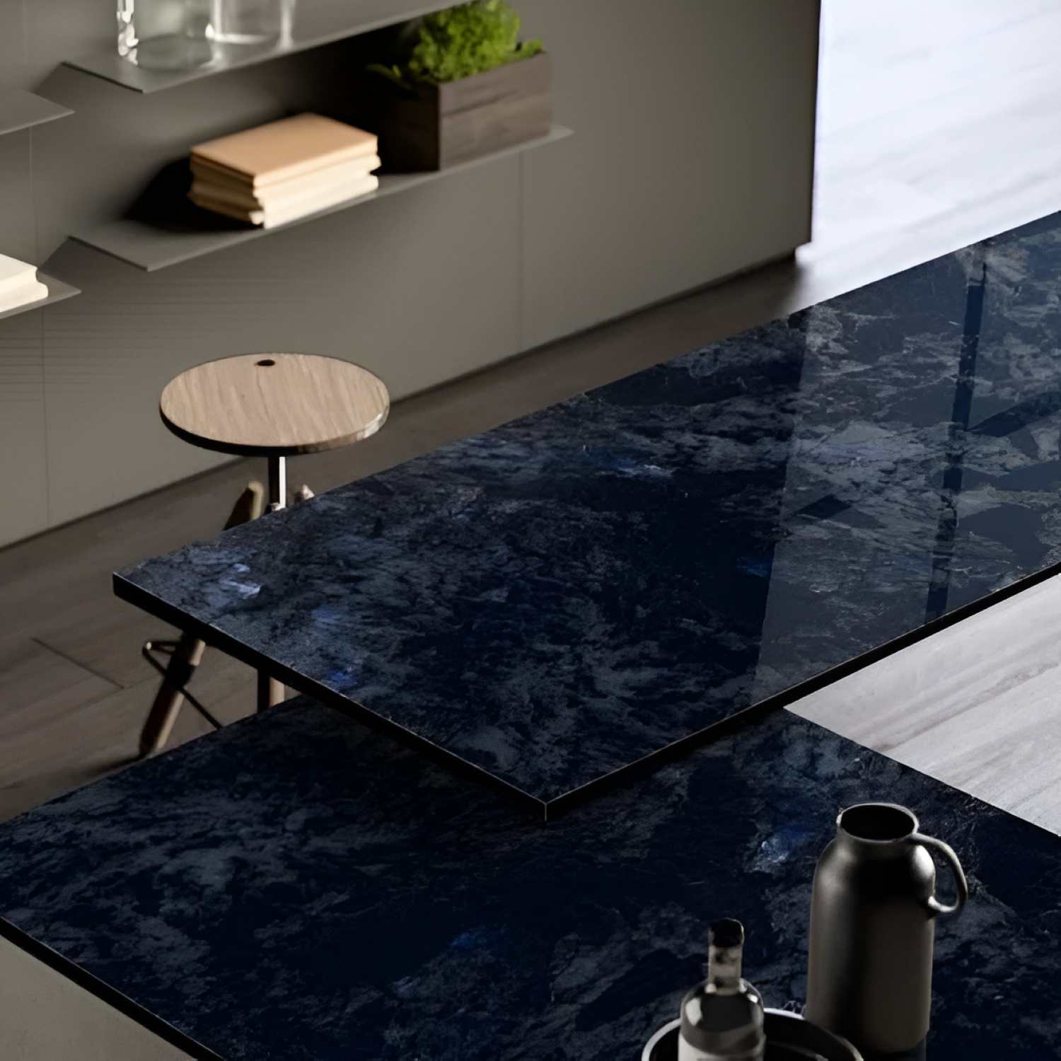 "Volga Blue Color Body Kitchen Countertop / Tabletop with deep blue tones, smooth and durable surface, ideal for modern kitchens and stylish dining areas."
