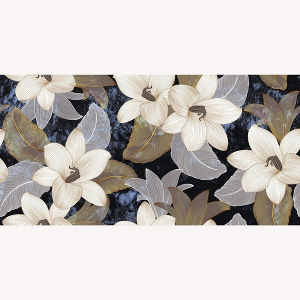 Volga Blue Decor Gloss Vitrified Tile 24x48 Inch – floral wall tile with black-blue marble effect background

