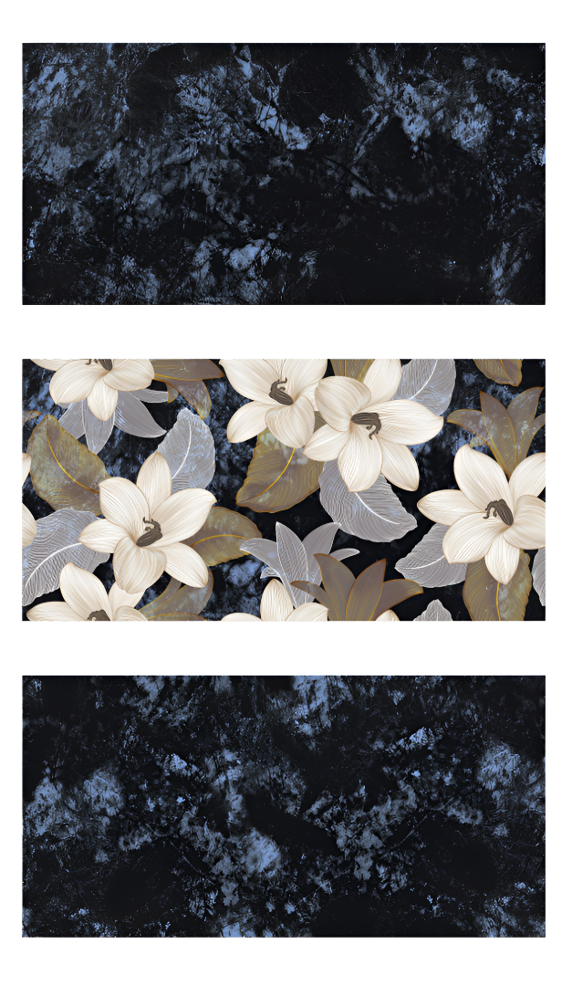 Volga Blue Decor Gloss Vitrified Tile 24x48 Inch – floral wall tile with black-blue marble effect background


