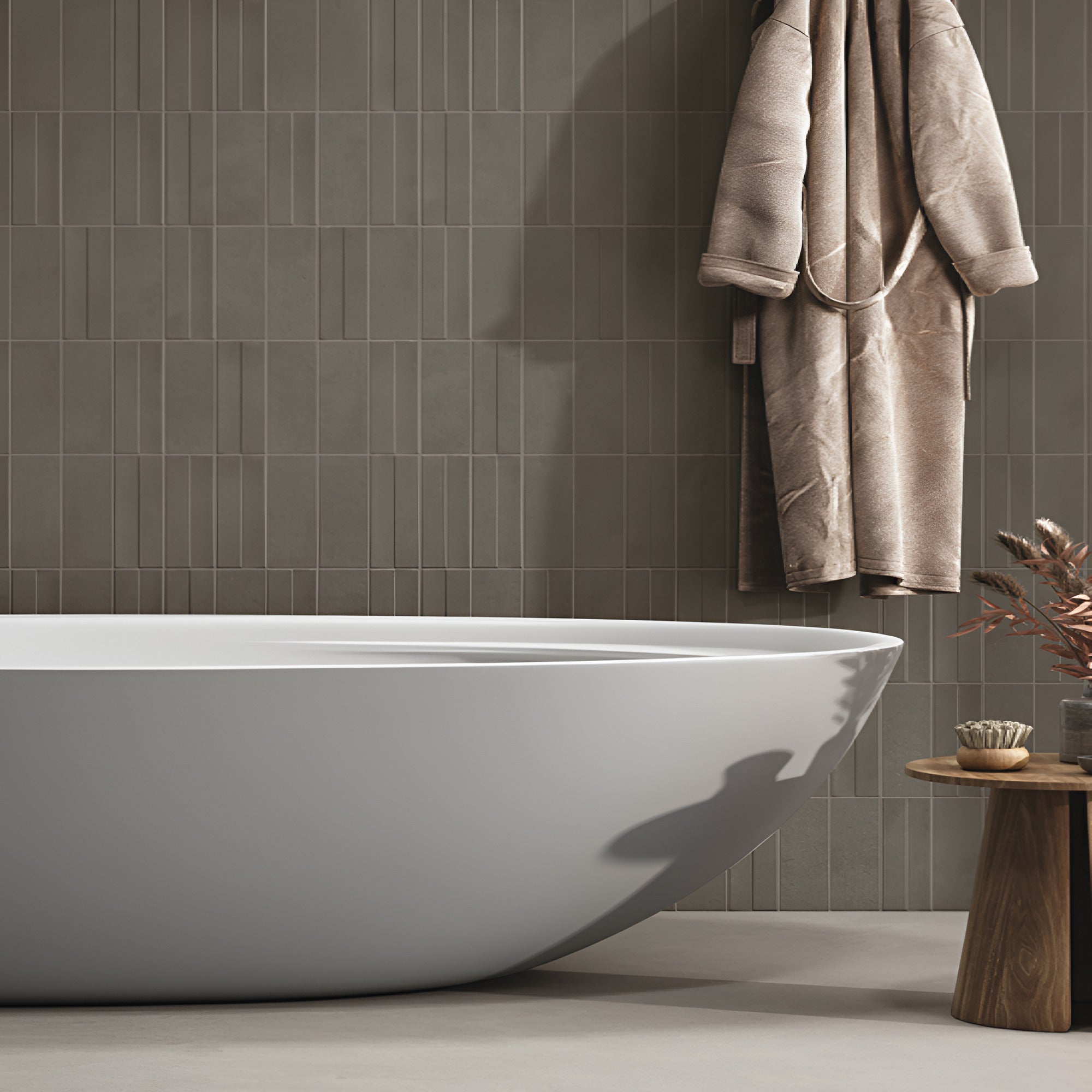 Wave Latte Subway Tile 3×9 inch ceramic wall tile with a soft matt finish, showcasing a gentle wave texture in warm latte color, installed on an interior wall creating a calm and elegant modern space.