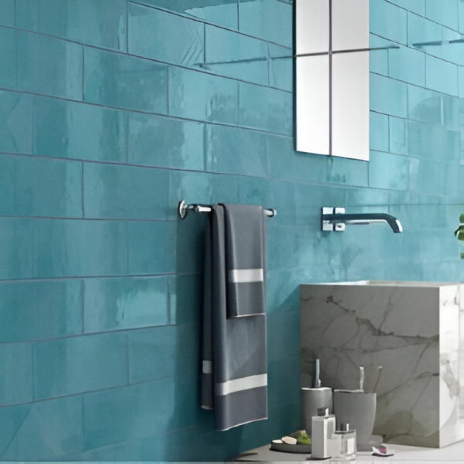 York Aqua 4 Inch x 12 Inch Subway Tile featuring a smooth aqua blue finish with glossy surface suitable for modern wall applications in kitchens bathrooms and accent walls
