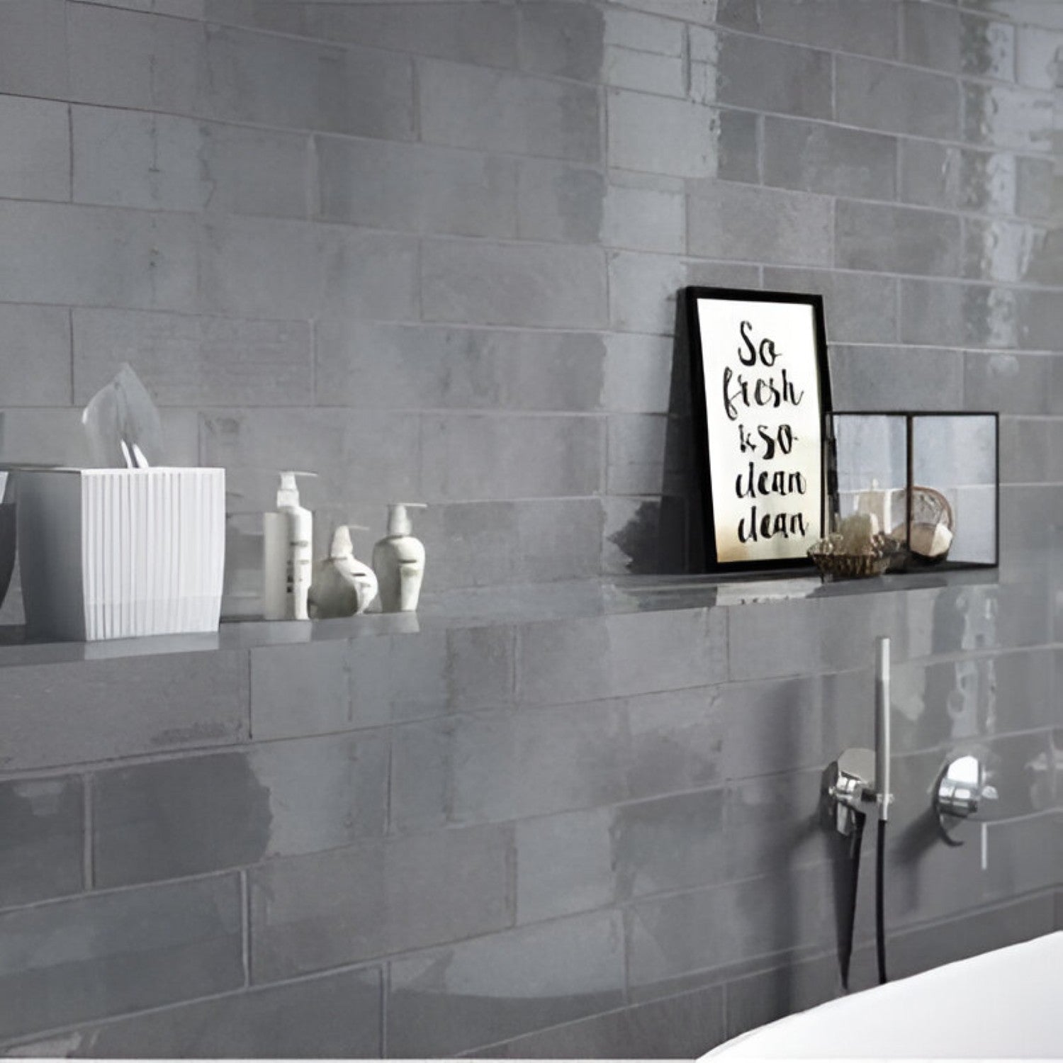 York Grey 4 Inch x 12 Inch Subway Tile featuring a smooth grey finish with glossy surface suitable for modern wall applications in kitchens bathrooms and accent walls
