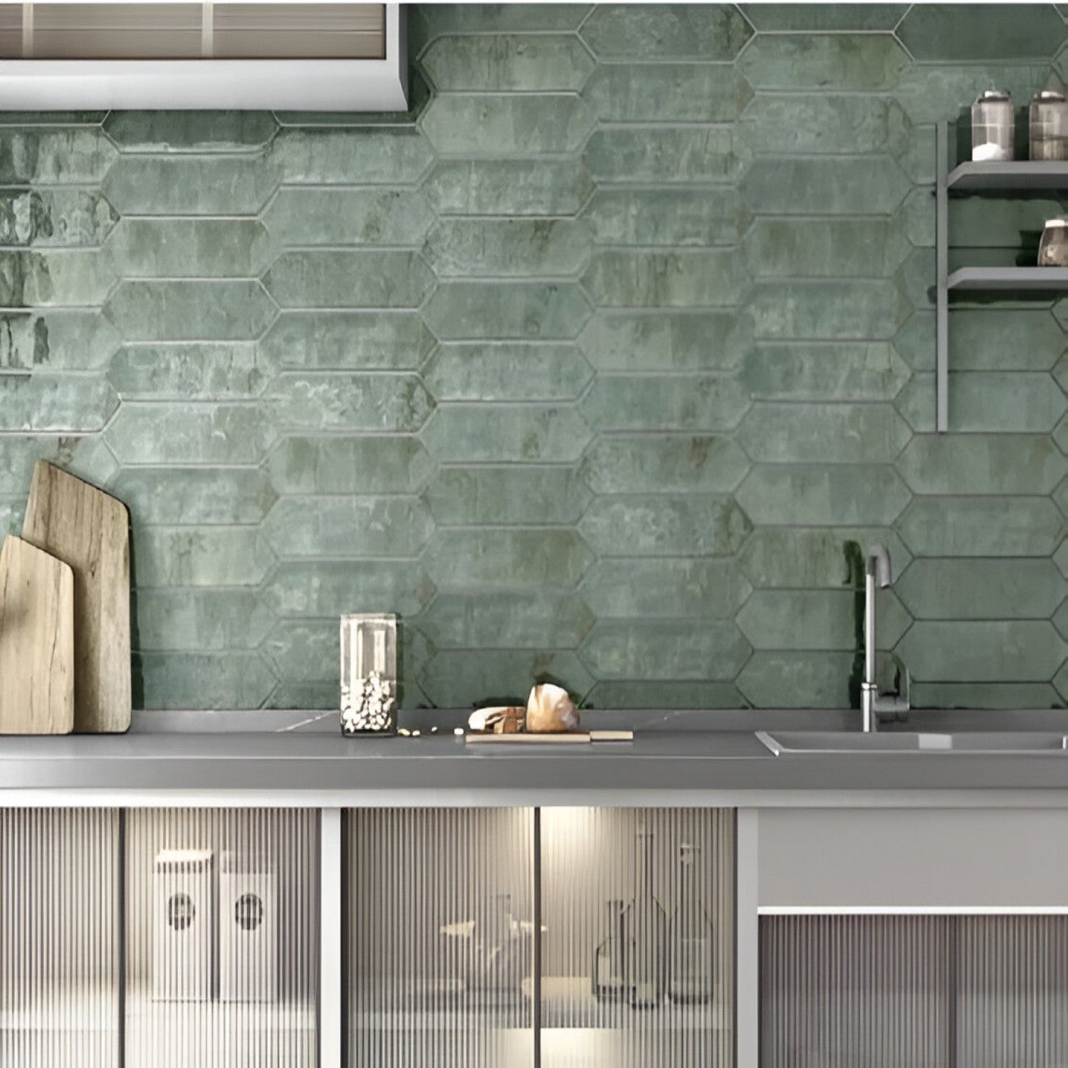 Zenga Verde Glossy Subway Tile 3x12 Inch with rich green glossy finish, smooth polished surface, ideal for vibrant and stylish kitchen backsplashes or accent walls
