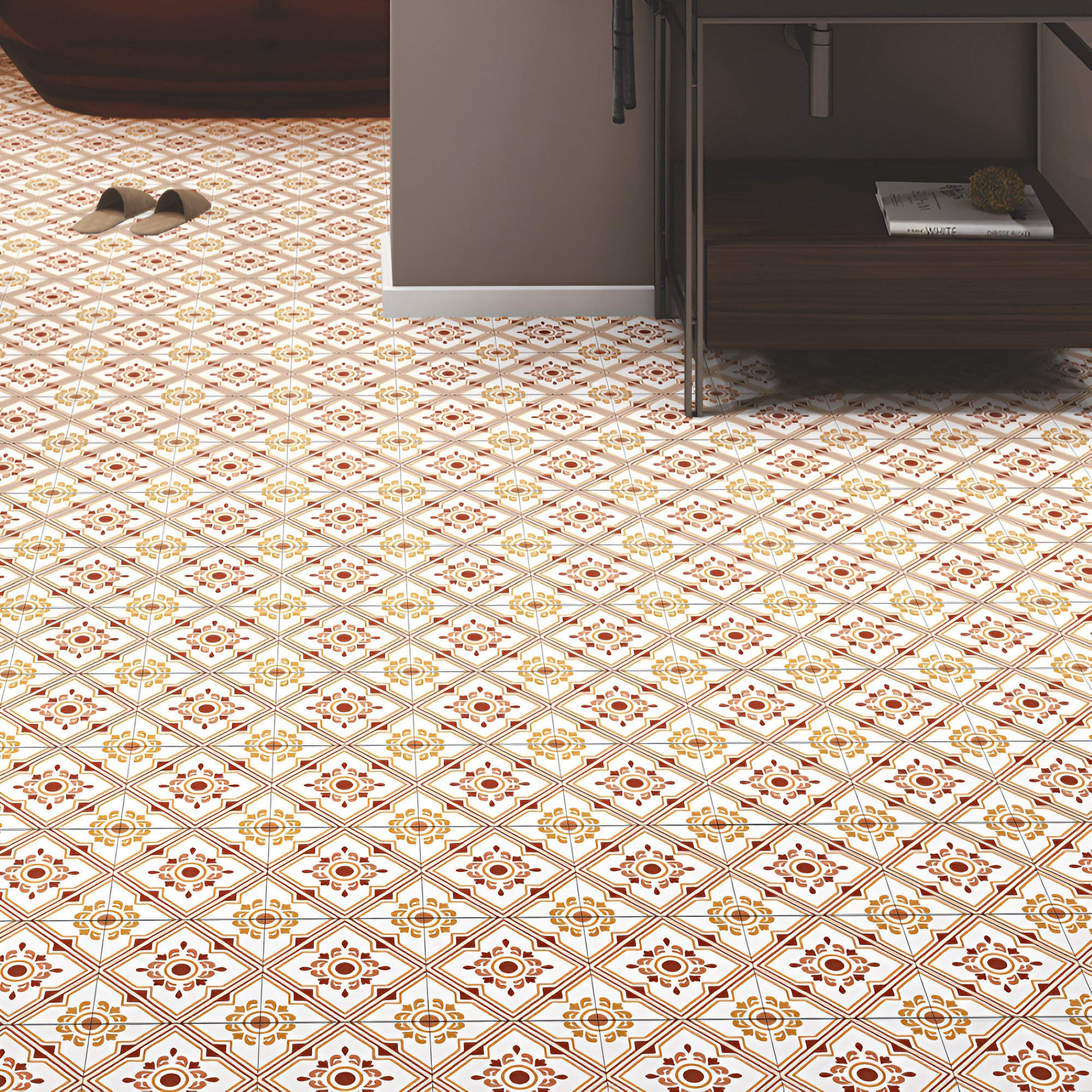 Zibrano Exa Moroccan Vitrified Tile 8x8 Inch showcasing elegant Moroccan, Printed, and Rangoli patterns with a Matt finish, suitable for both floor and wall applications, providing durable, stylish, and easy-to-maintain interior flooring and wall décor.