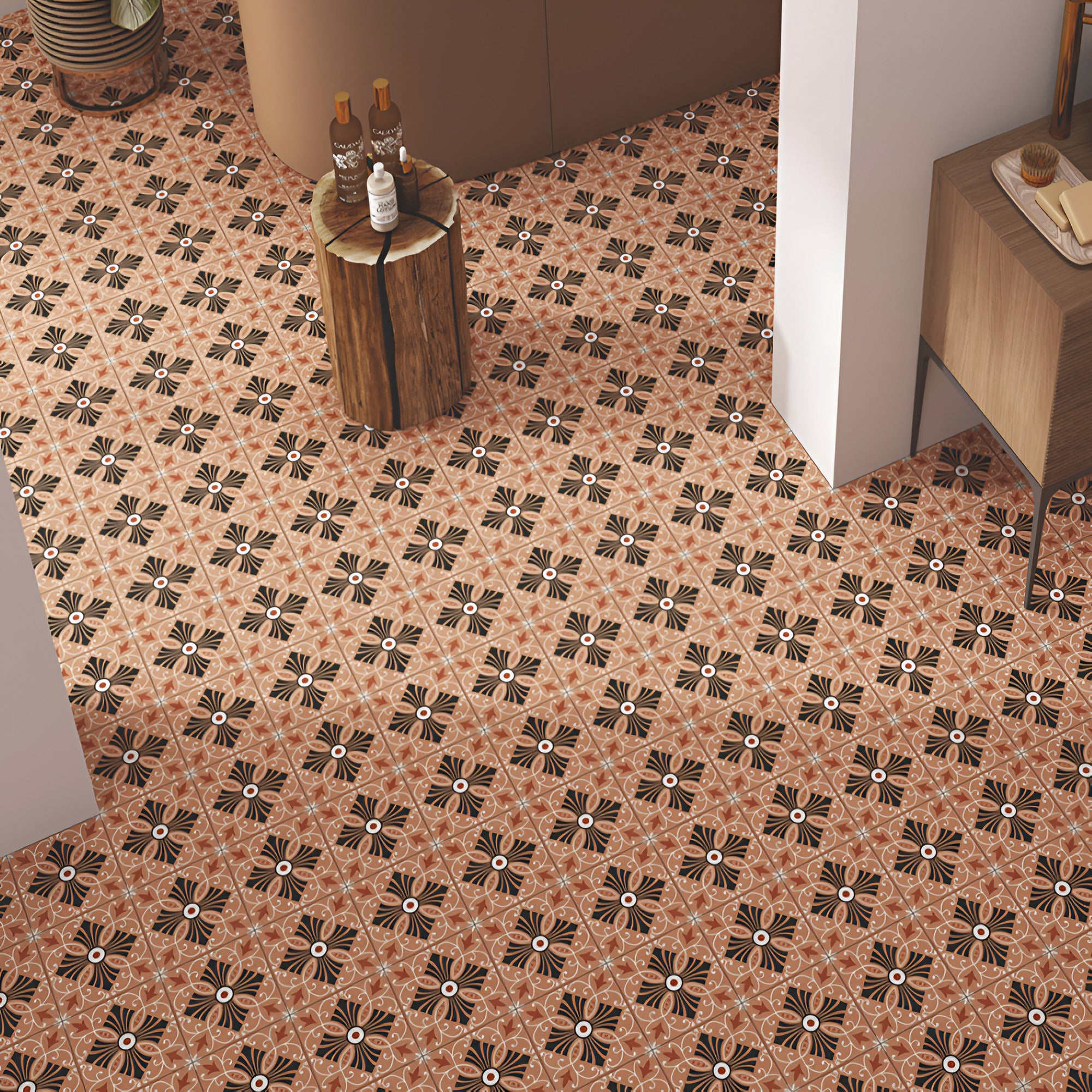Zibrano Turk Moroccan vitrified tile in 8×8 inch size featuring traditional printed Moroccan and rangoli inspired patterns with a smooth matt finish, suitable for elegant floor and wall décor in living rooms, kitchens, bathrooms, cafes, and decorative interior spaces.