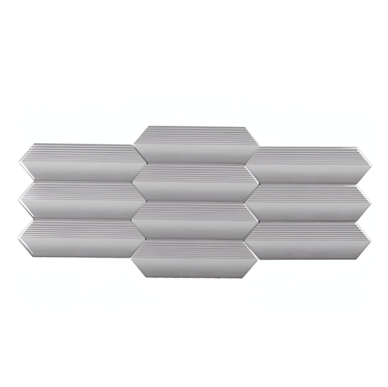 Glossy light white picket ceramic wall tile with ribbed surface texture and reflective finish for a sleek modern style.