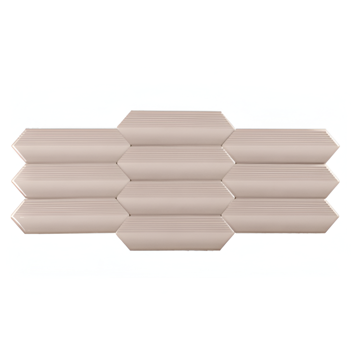 Beige ceramic wall tile with elongated picket shape and subtle ribbed textured design 