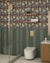 Bathroom with Mould Olive HL-1 floral wall tile above Frame Mould Olive panel tile and off-white floor