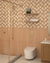 Bathroom with Mould Sand HL-1 floral wall tile above Frame Mould Sand panel tile and off-white floor