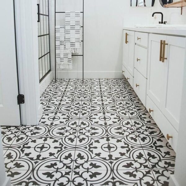 Black and white floral printed moroccan tile